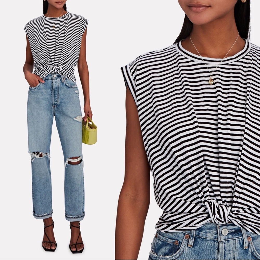 FRAME Women’s Sleeveless Striped Knotted Spring Cotton Crewneck Tee size Small